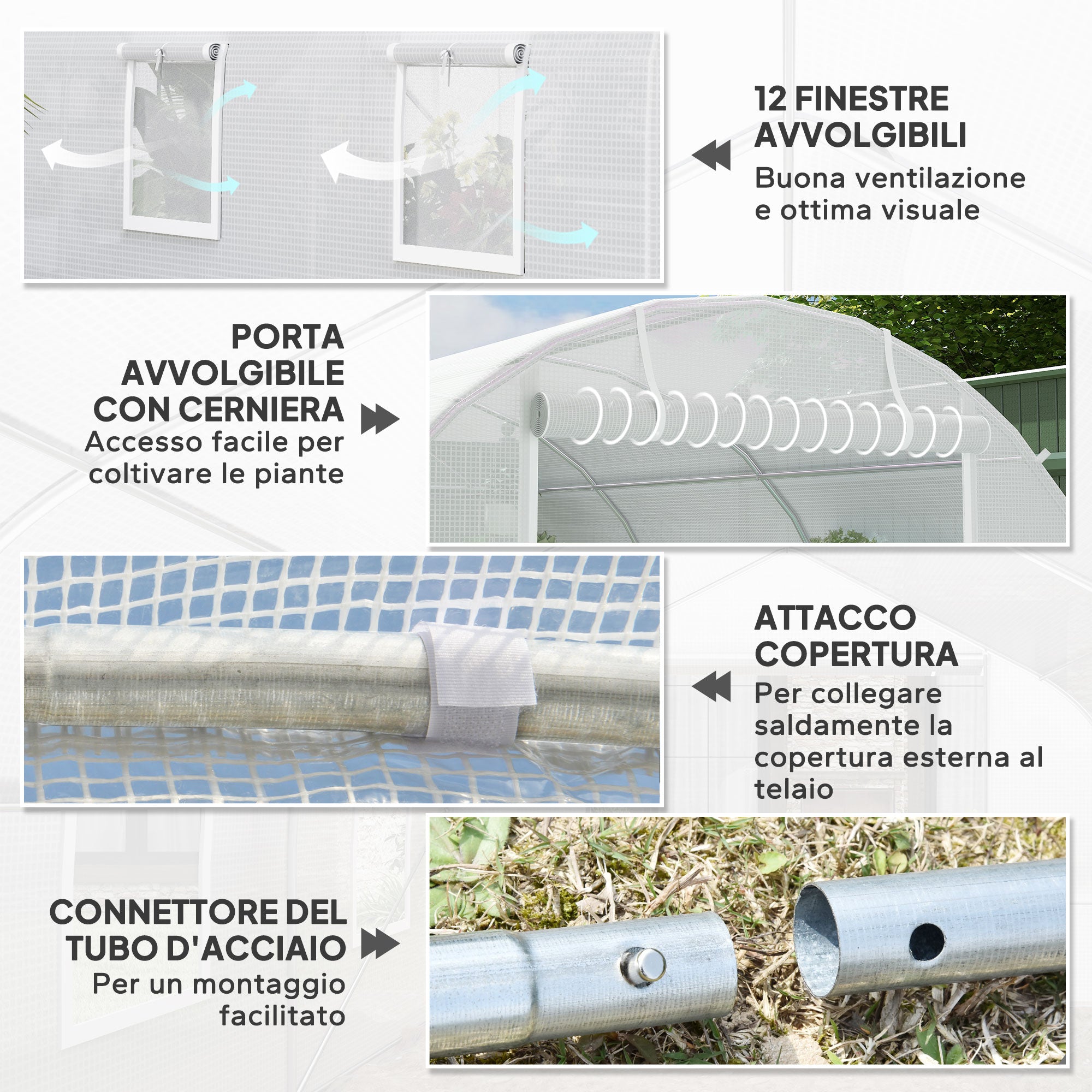 Serra a Tunnel 8x3x2 m con Rivestimento in Plastica e Acciaio Rinforzato Bianco