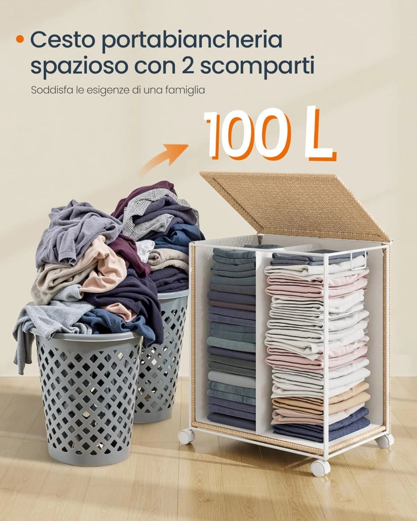 Cesto Portabiancheria a 2 Scomparti, Carrello Biancheria Sporca 100 L con Ruote Coperchio, Sacco con Manici, Effetto Rattan, Lavanderia Bagno, Beige Naturale e Bianco Opaco LCB601N01