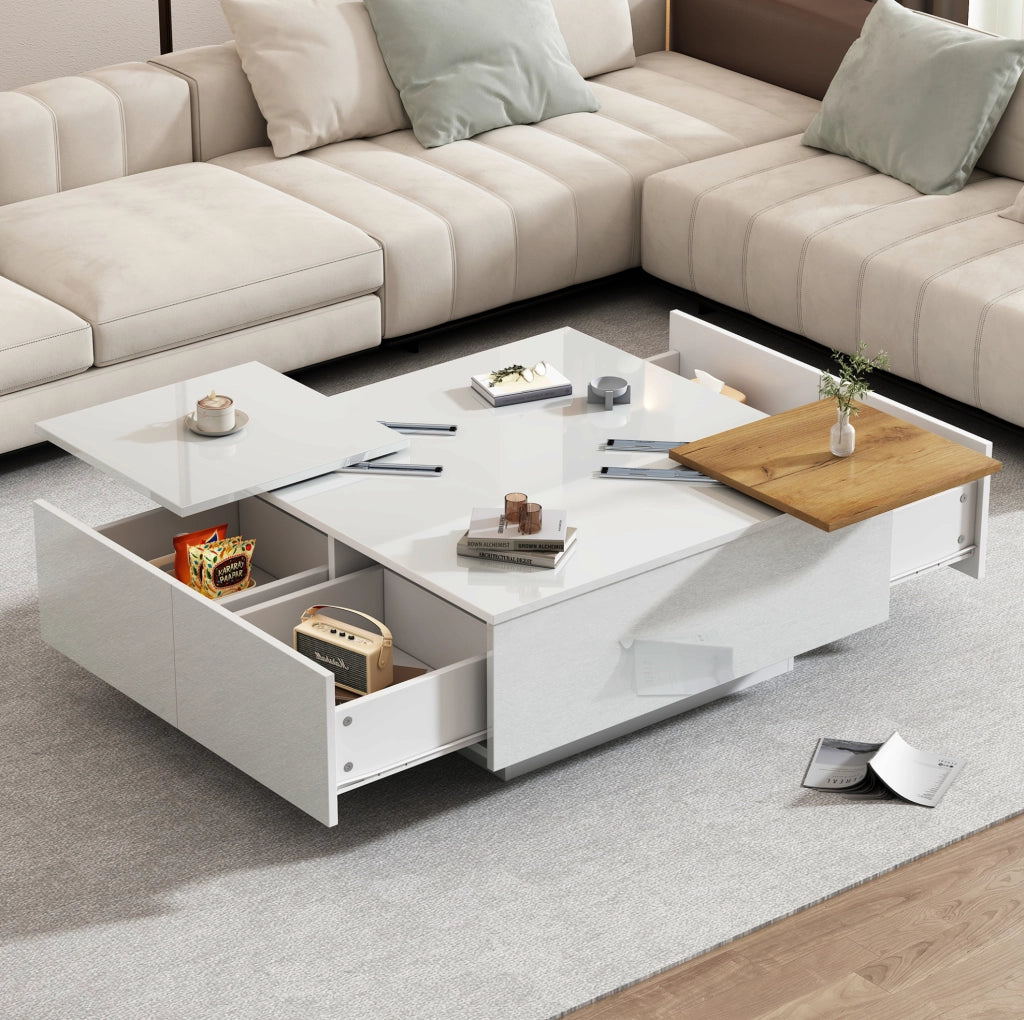 Tavolino da caffè 75x75x33.5 cm con 4 cassetti nascosti; piano lucido in pannello truciolare bianco