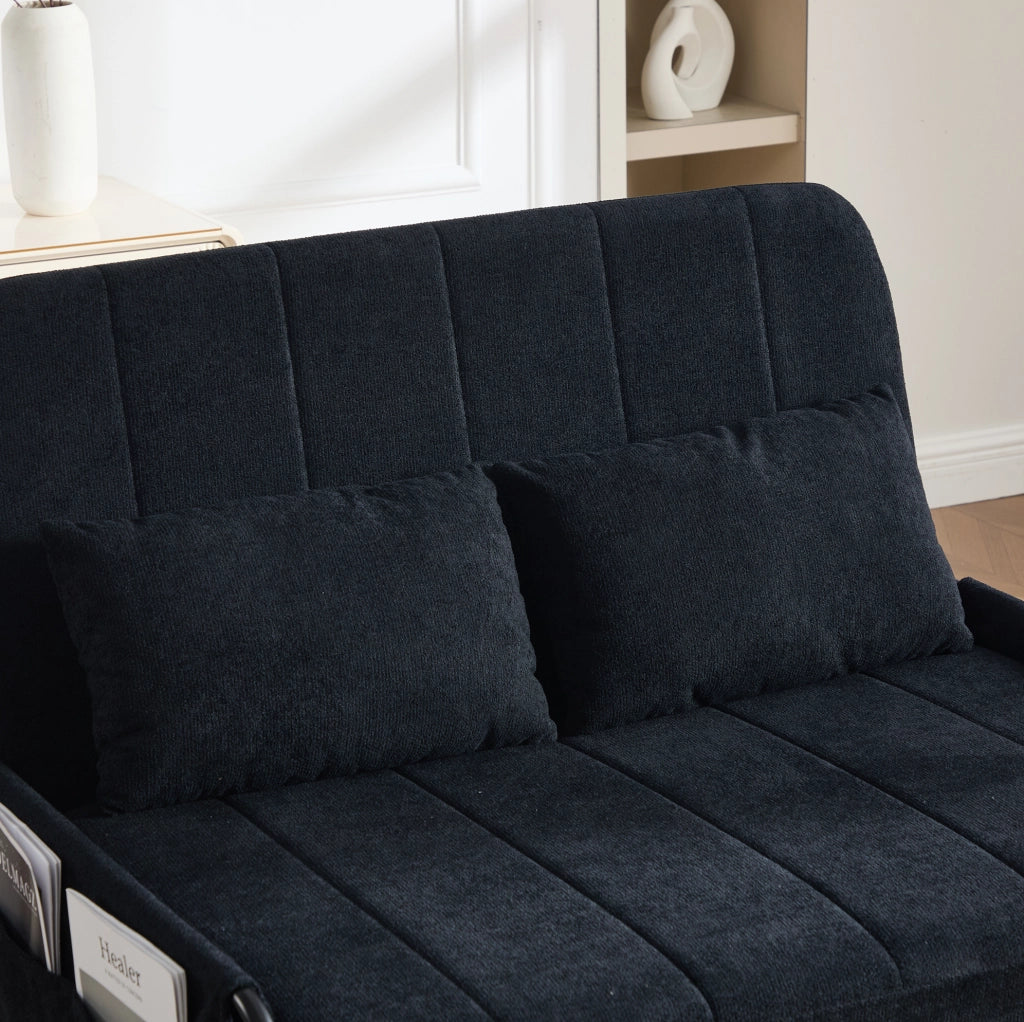 Divano letto 2 posti 104x85x92 cm nero in ciniglia, metallo e tasche laterali