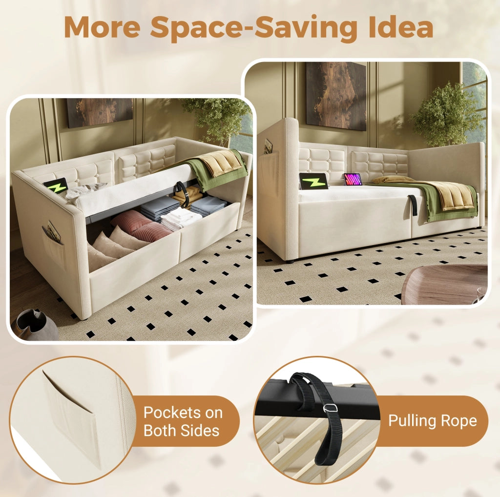 Divano letto 90x200 cm in velluto beige con vano contenitore idraulico e ricarica USB/Type-C