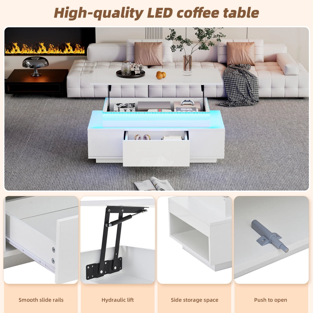 Tavolino Da Salotto Reclinabile con 1 Cassetto e Vano Nascosto; LED USB; Bianco Lucido; Stile Moderno; 96×45×40 cm; Bianco