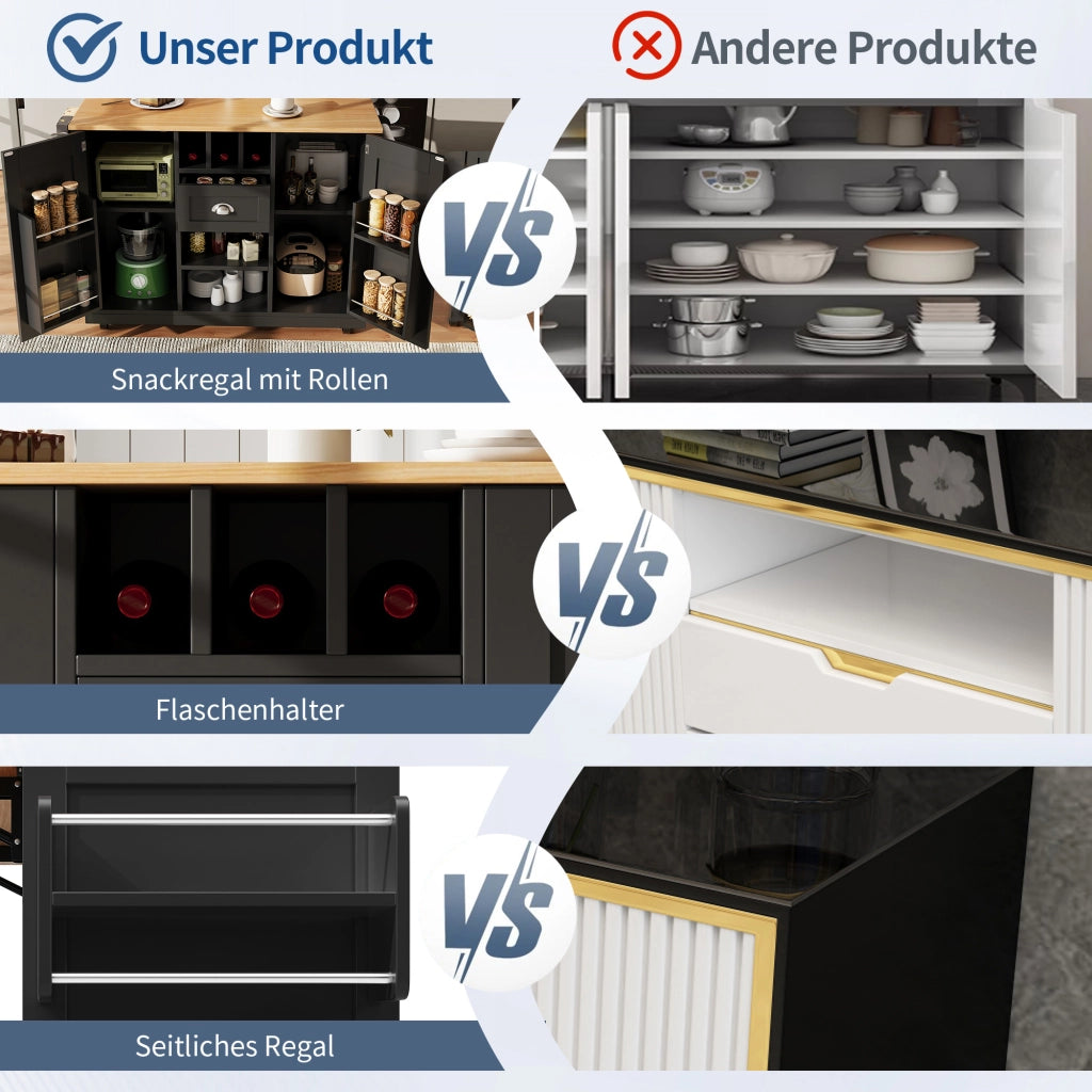 CARRELLO CUCINA con piano pieghevole 140x40x93,5 cm nero MDF