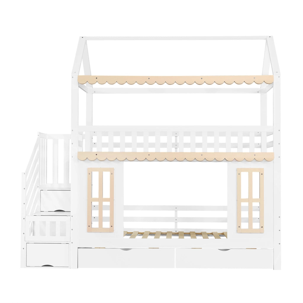 Letto a castello per bambini a casetta 90x200 cm con scala contenitore e 2 cassetti HAVRYA