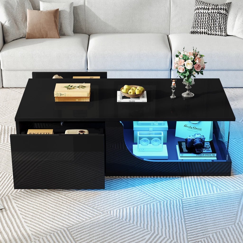 Tavolino da caffè con 2 cassetti e LED; per soggiorno; in MDF e vetro; 100 x 50 x 30 cm; nero