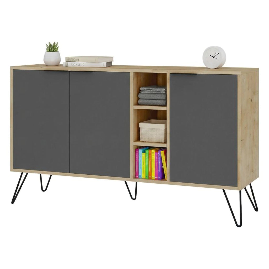 Credenza Alin, Buffet da soggiorno, Madia da salotto, Dispensa da cucina, 142x36h83 cm, Quercia e Antracite