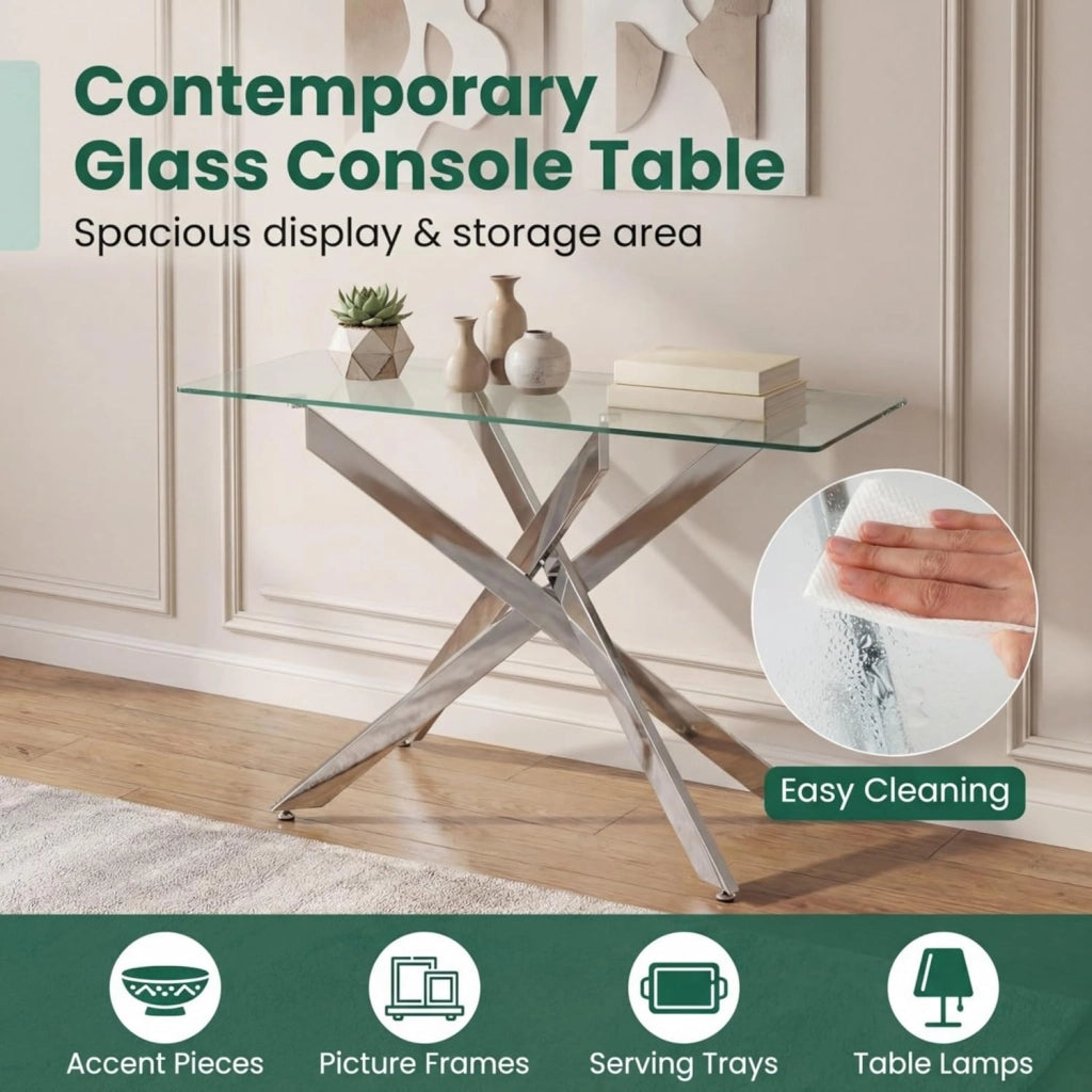 Tavolo Consolle in Vetro Temperato 115 x 45 x 78 cm, Consolle Ingresso Telaio Robusto con Gambe in Metallo Incrociate e Piedini Regolabili, Salvaspazio, per Soggiorno e Corridoio