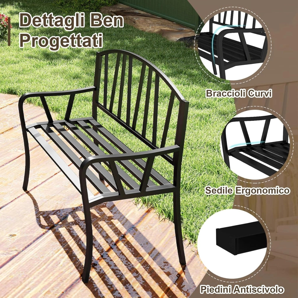 Panchina da Giardino in Metallo da 129 cm, Panchina con Doghe per 2-3 Persone, Loveseat in Stile Parco con Braccioli Curvati, Seduta Resistente per Esterno per Giardino, Piscina, Veranda