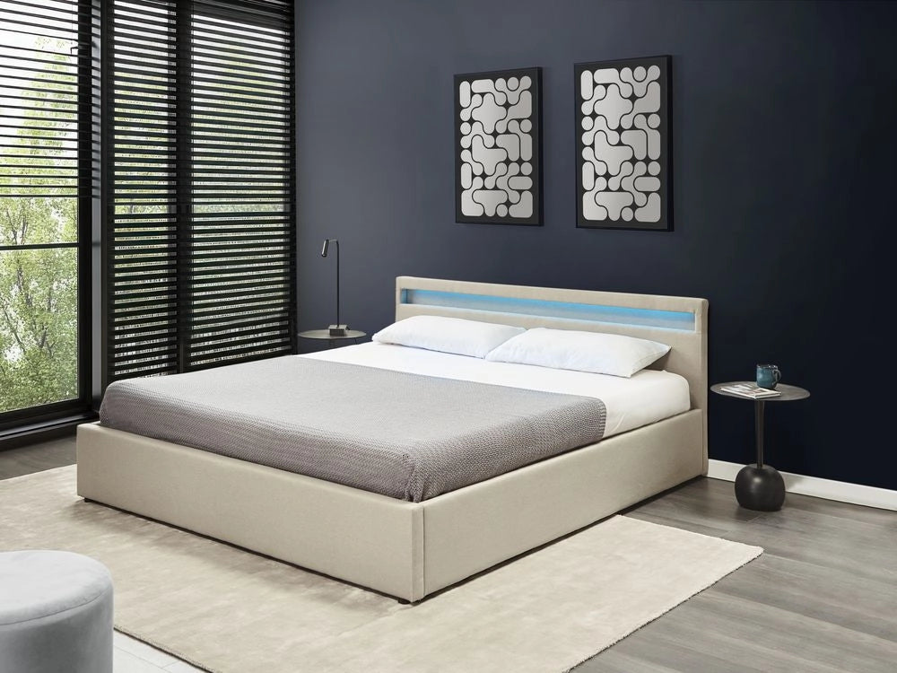 Letto matrimoniale in tessuto beige con LED 180 x 200 cm con contenitore elegante semplice