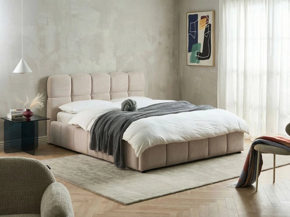 Letto matrimoniale imbottito con struttura a molle a sollevamento trapuntata 160 x 200 beige chiaro con contenitore a molle sollevabile
