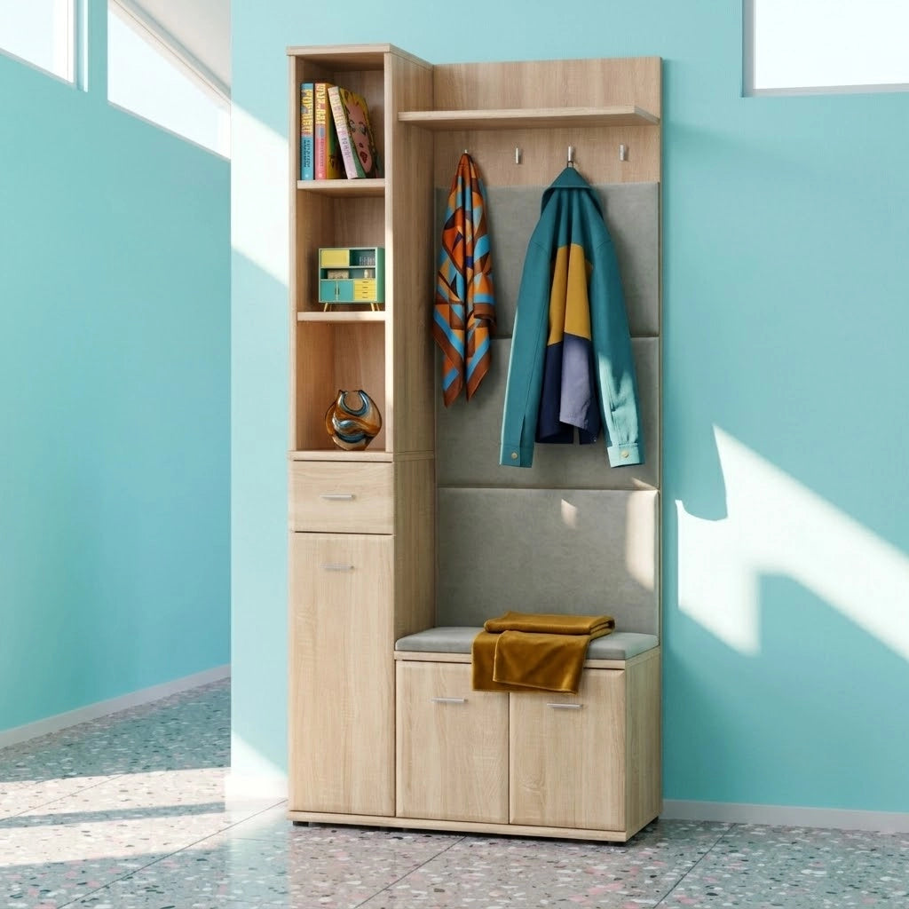 Mobile Ingresso Scarpiera Appendiabiti Imbottito Set Entrata Anta Colonna Vani Guardaroba Ganci Ripiani Contenitore Multifunzione Salvaspazio Per Corridoio Casa Design Moderno 90 x 32 x 203 Cm Rovere