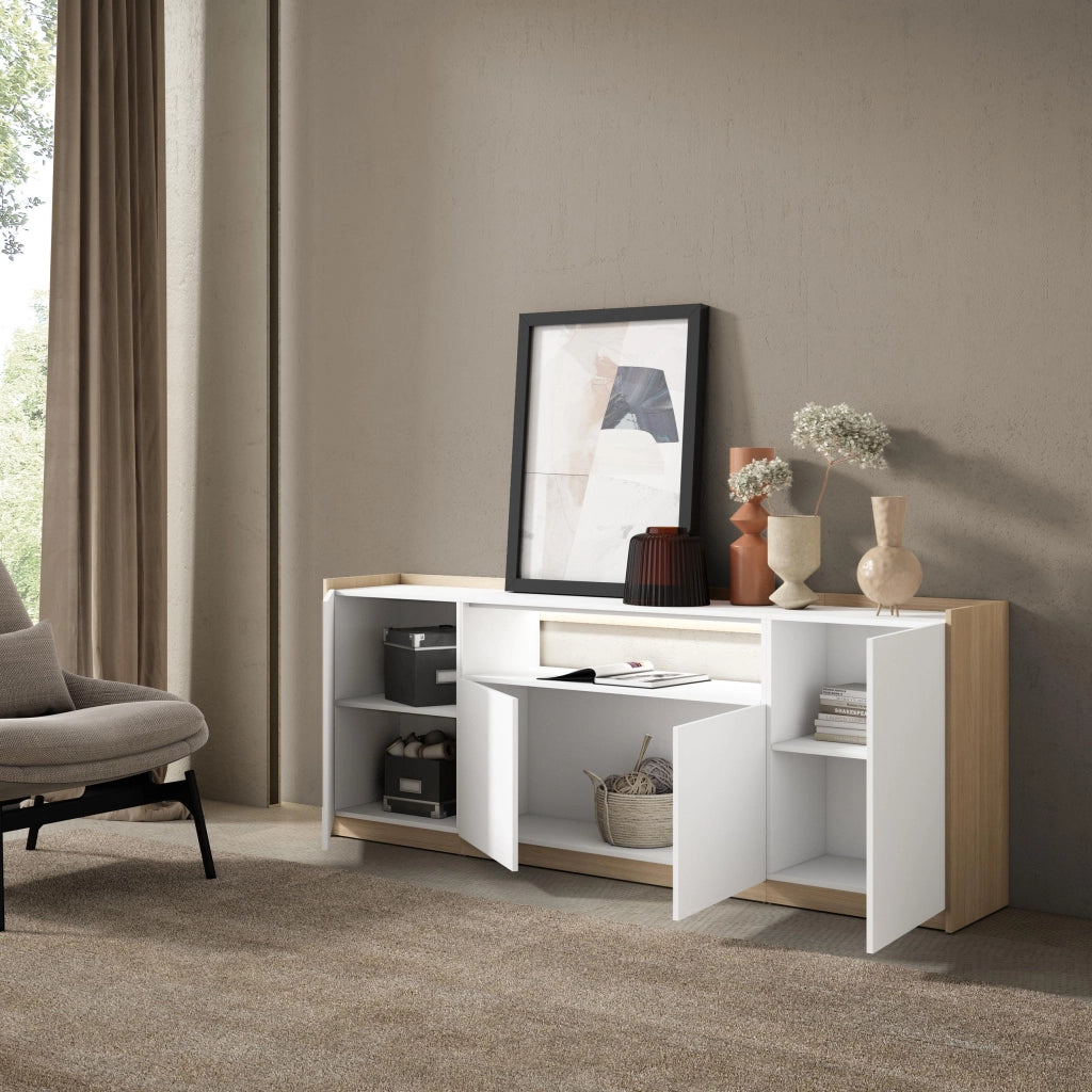 Credenza, Mobile, Cucina, 207x80x37 cm, 4 Porte, LED, Bianco e Rovere soft