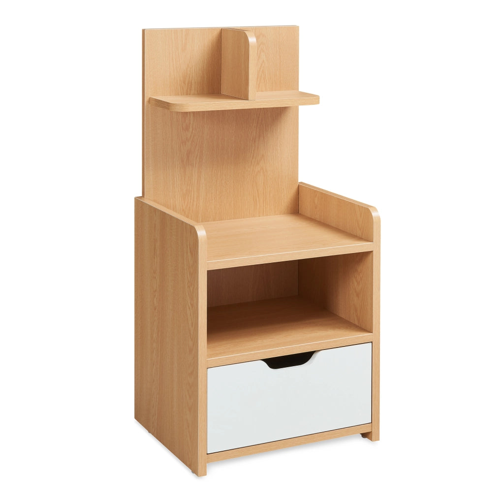Comodino Bordkak con Cassetto Scomparto Aperto e 2 Ripiani 75 x 35 x 30 cm - Effetto Rovere / Bianco [en.casa]