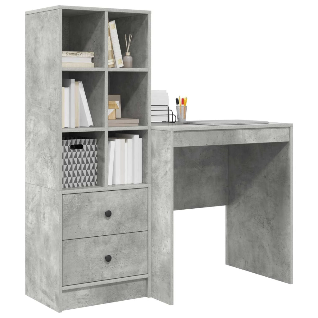 Scrivania | Tavolo da Ufficio con cassetto con lo scaffale 2 pz Grigio cemento