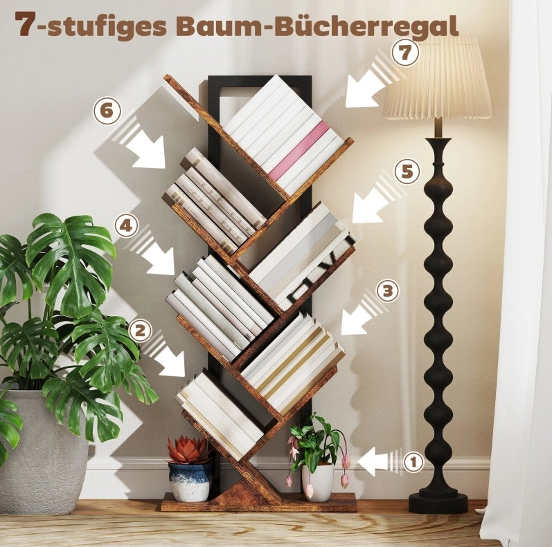 Libreria ad albero a 7 ripiani in legno marrone rustico