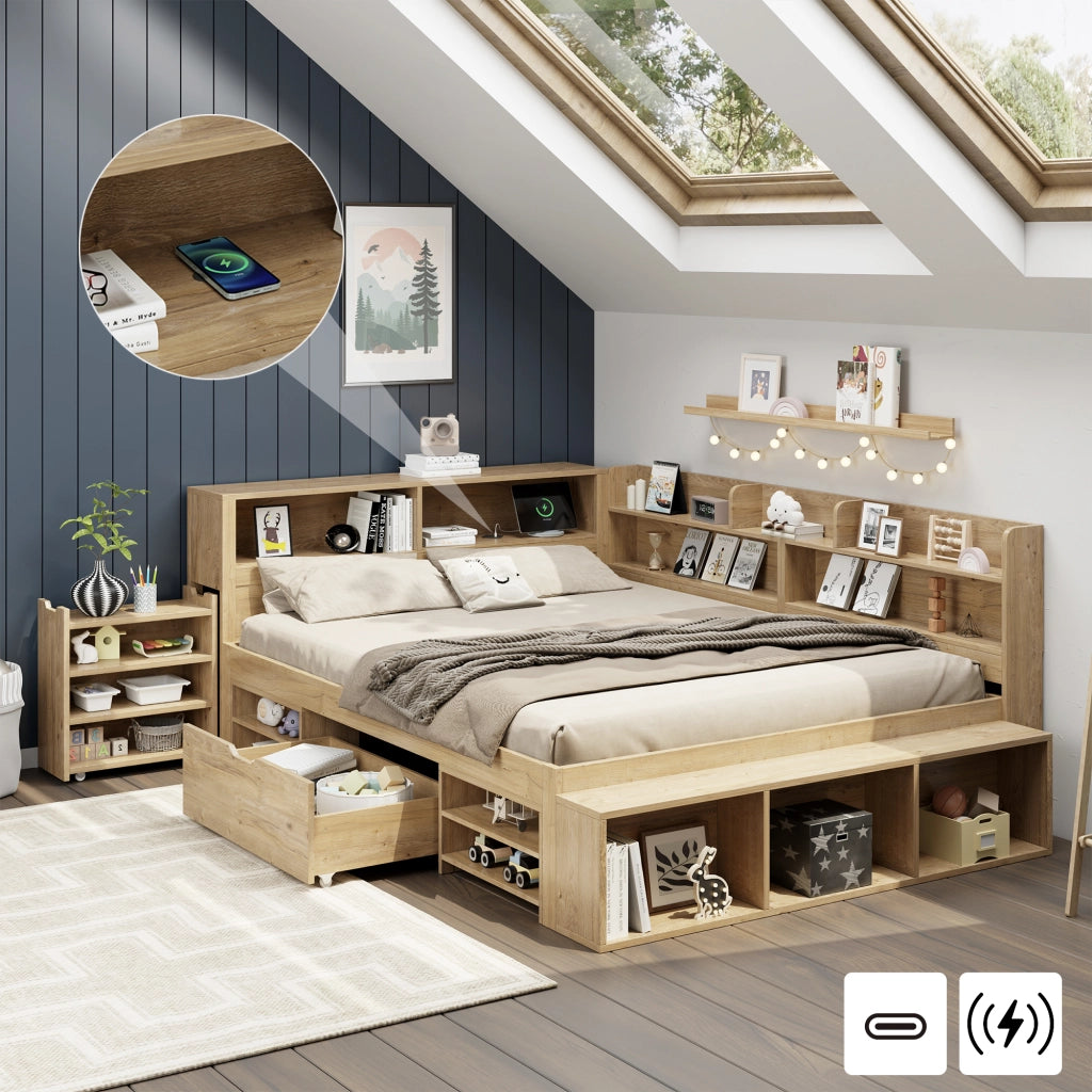LETTO MULTIFUNZIONALE 140x200 cm Plywood Naturale con cassetti e vani contenitore