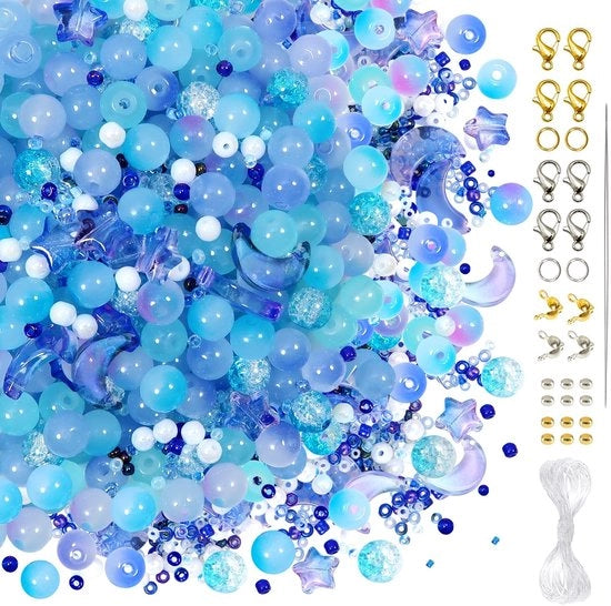 Set di perle in vetro 8 mm - 746 pezzi - colorazione azzurra - creazione di gioielli - fai da te - cordino elastico in cristallo