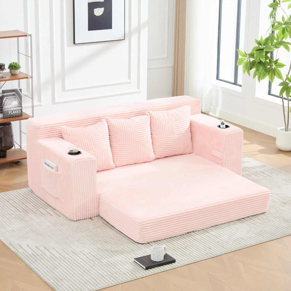Divano modulare a 2 posti in velluto a coste rosa; 172 x 87 x 64 cm; con porta bicchieri e tasche laterali