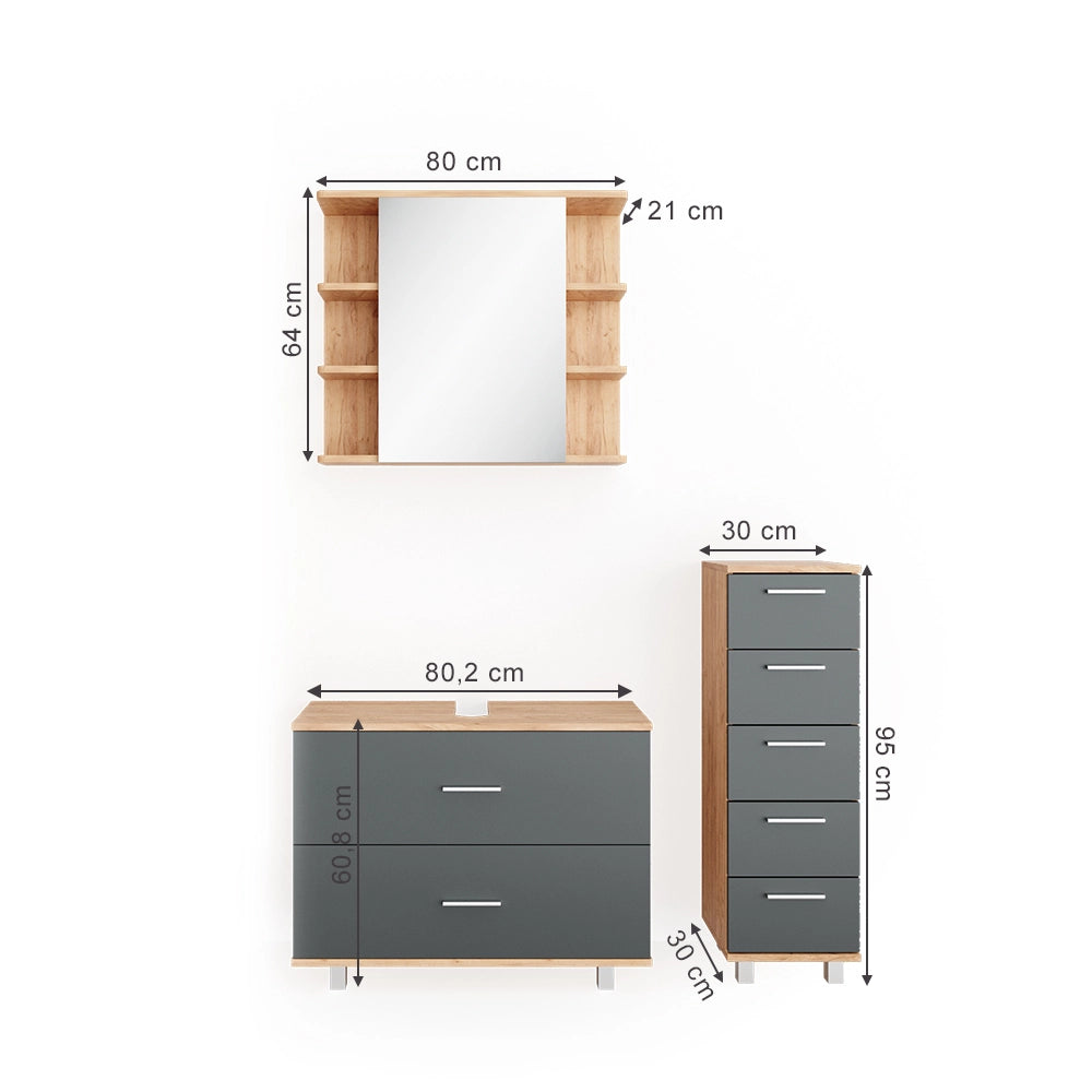 Vicco Set mobili bagno Antracite/quercia dorata 3 parti