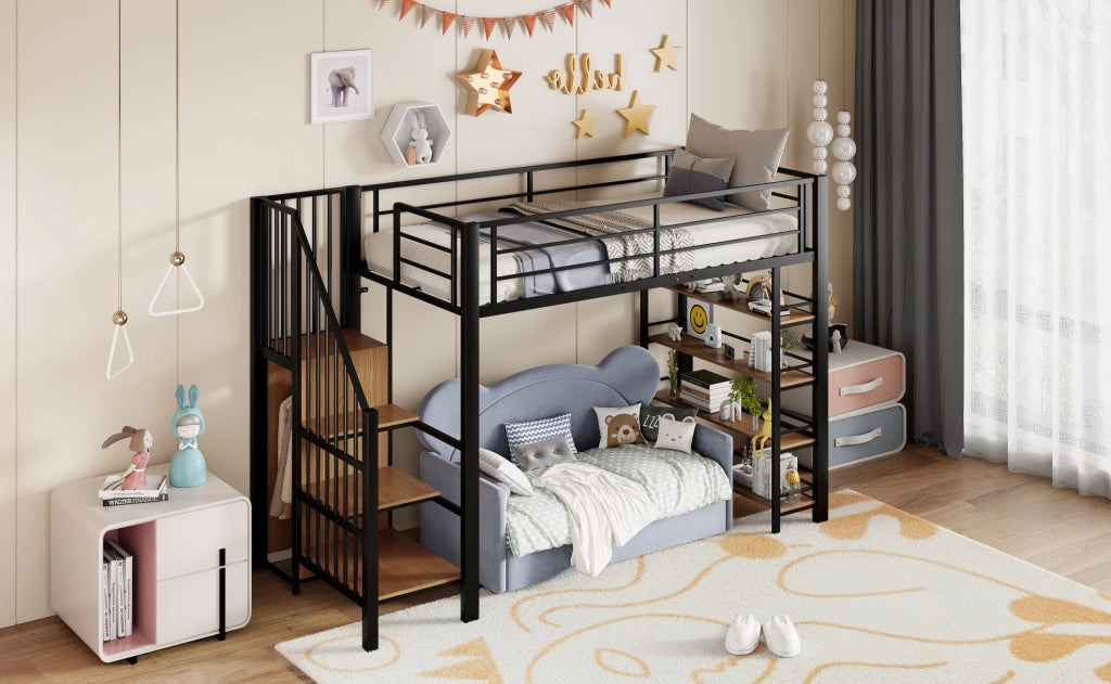 Letto a castello 90x200 cm in ferro con scala di sicurezza, armadio piccolo e ripiani, design con alta barriera, colore nero