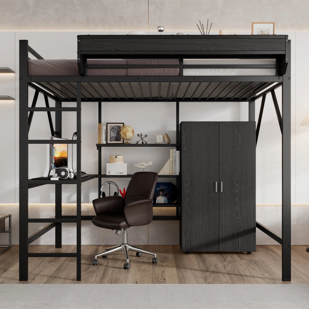 Letto a Soppalco 140 x 200 cm con Scrivania; Armadio e Mensola - Metallo e MDF - Nero
