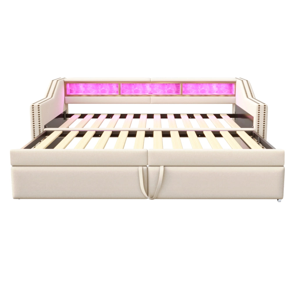 Divano letto imbottito estraibile beige con LED, USB e vani laterali