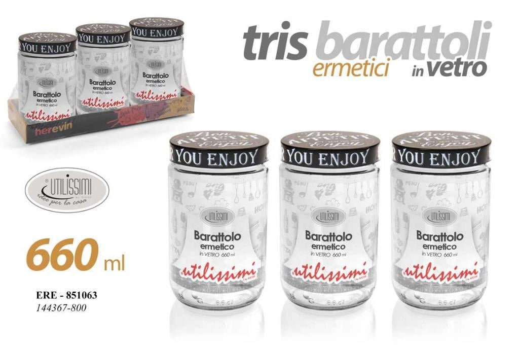 Set 3 Tris Barattoli da Cucina in Vetro con Tappo Ermetico 660 cc