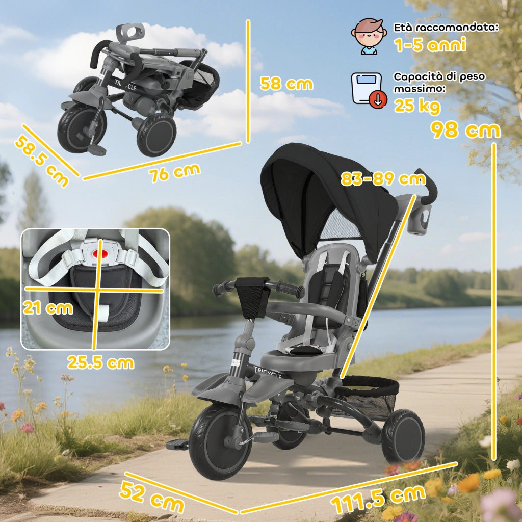 Triciclo 6 in 1 ¨C Xylo ¨C con maniglione di spinta e sedile girevole, nero, 111.5x52x98 cm
