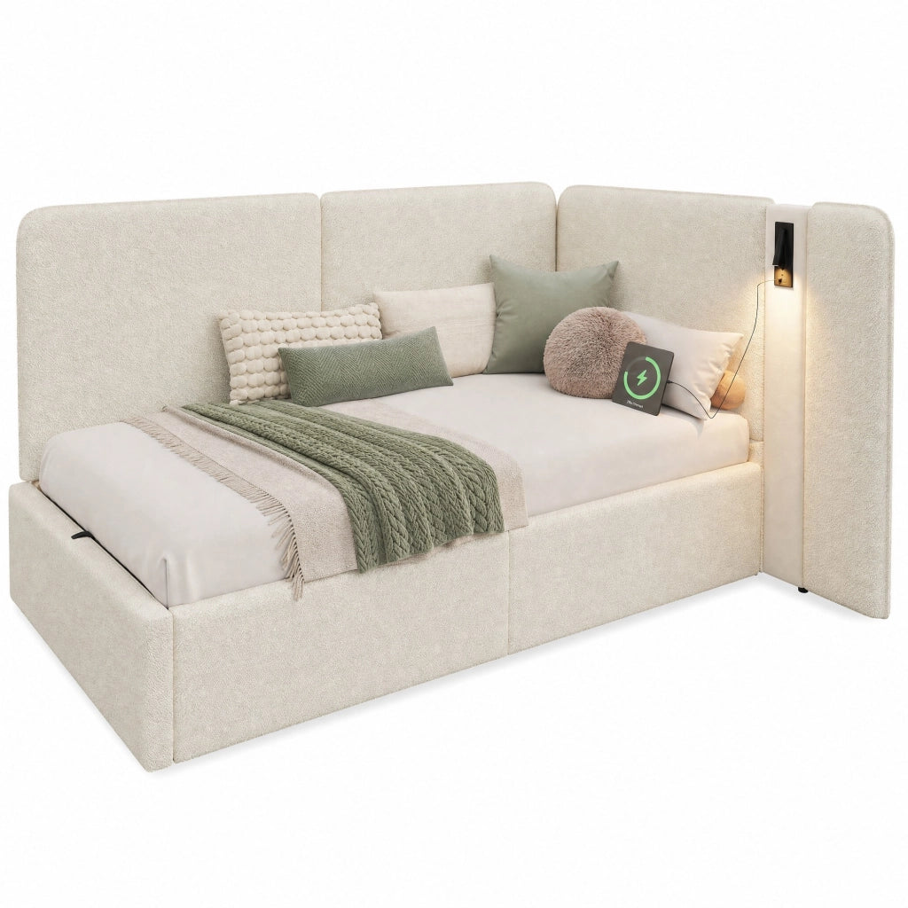 Letto singolo 90x200 cm con contenitore idraulico; lampada orientabile e prese USB; beige bouclé