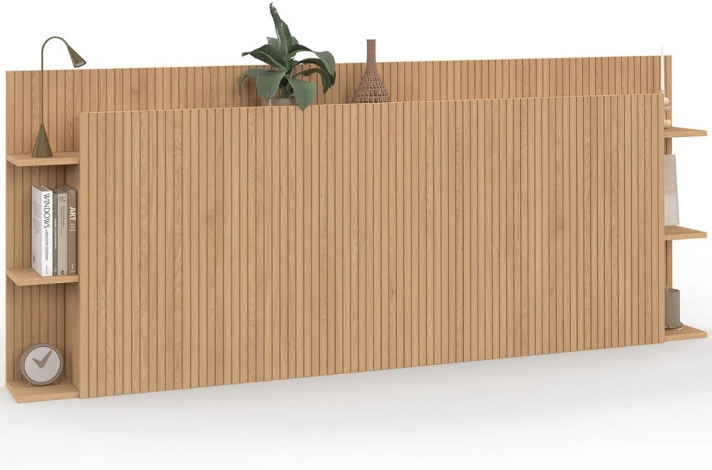 Testiera JULIETTE su piede per letti da 140 e 160 cm con vani contenitori effetto doghe in legno