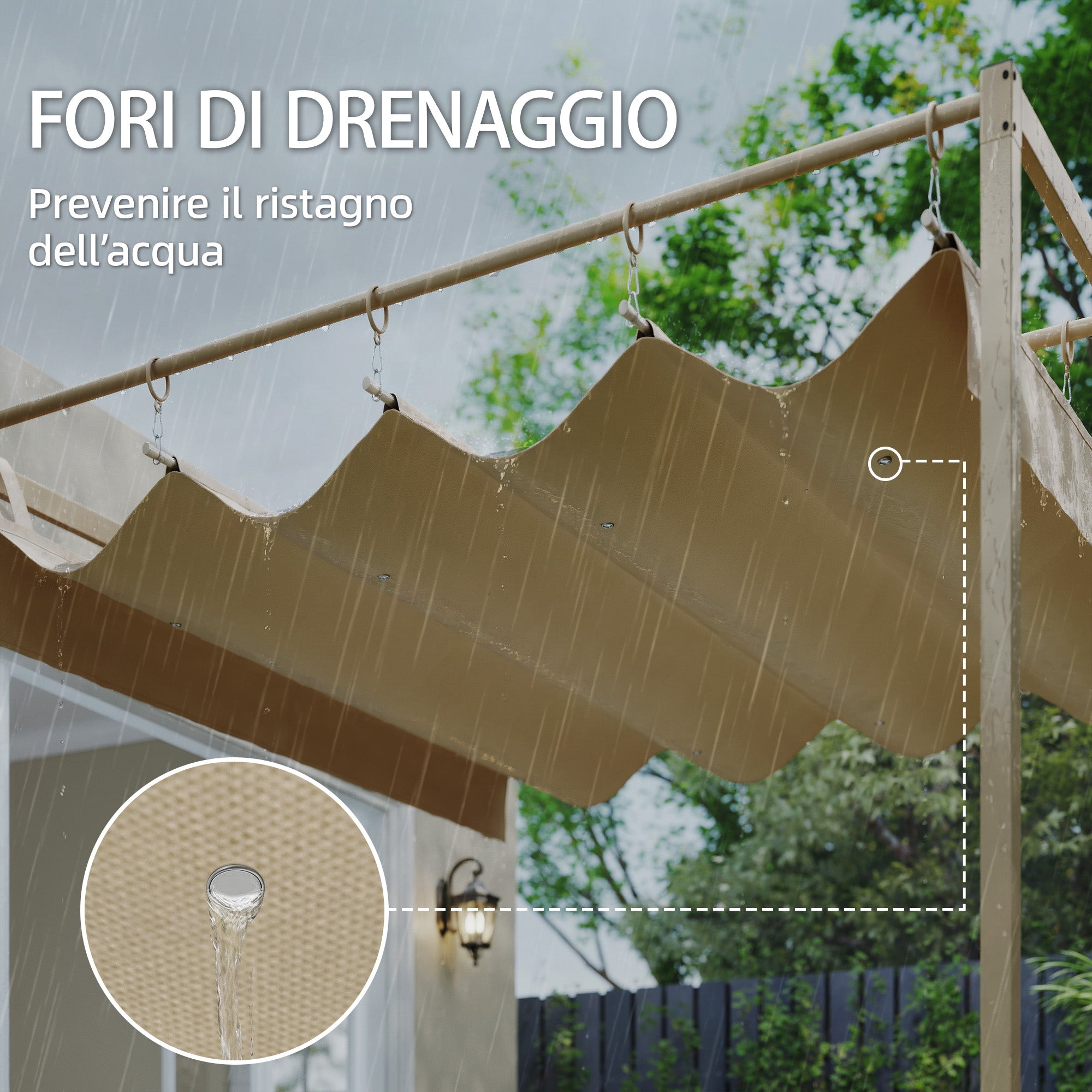 Pergola Addossata 3x3 m con Tetto Retrattile Scorrevole UV30+ e Fori di Drenaggio Beige
