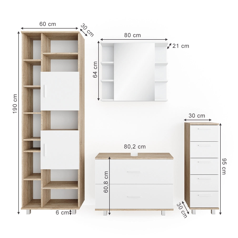 Vicco Set mobili bagno Bianco/Sonoma 4 parti, con armadio alto