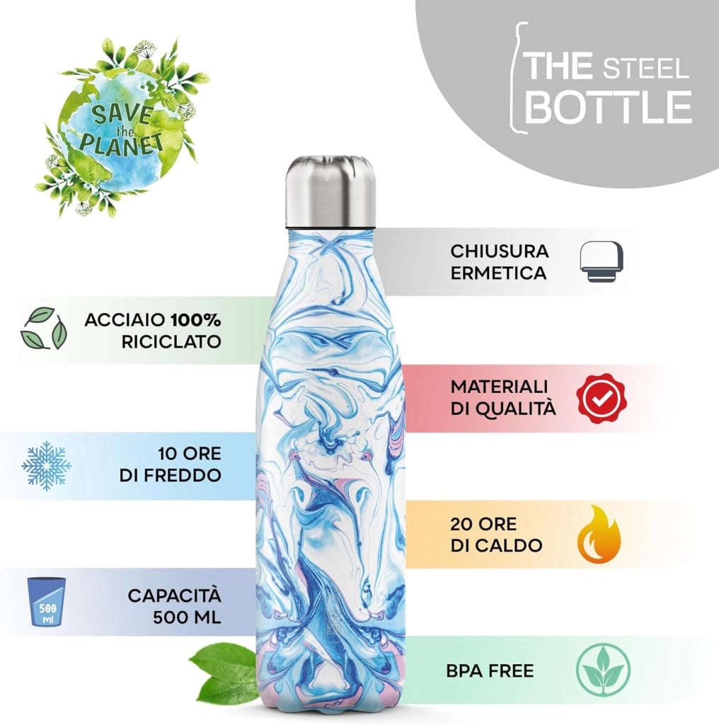 The Steel Bottle Bottiglia termica in Acciaio Inox Capacità 500 ml Chiusura Ermetica - Blue Silk