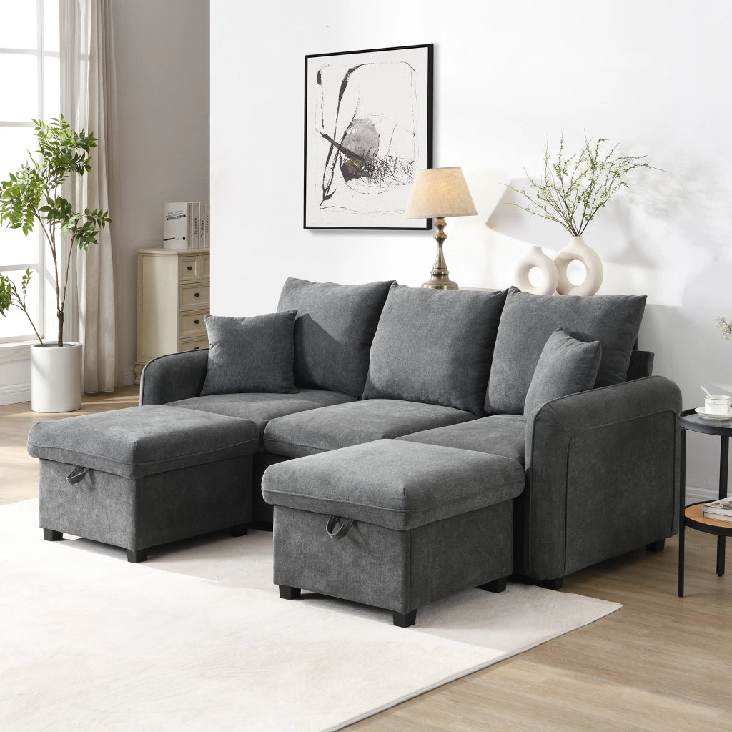 Divano angolare modulare 3 posti con 2 pouf contenitore 188x186x86 cm in chenille grigio scuro