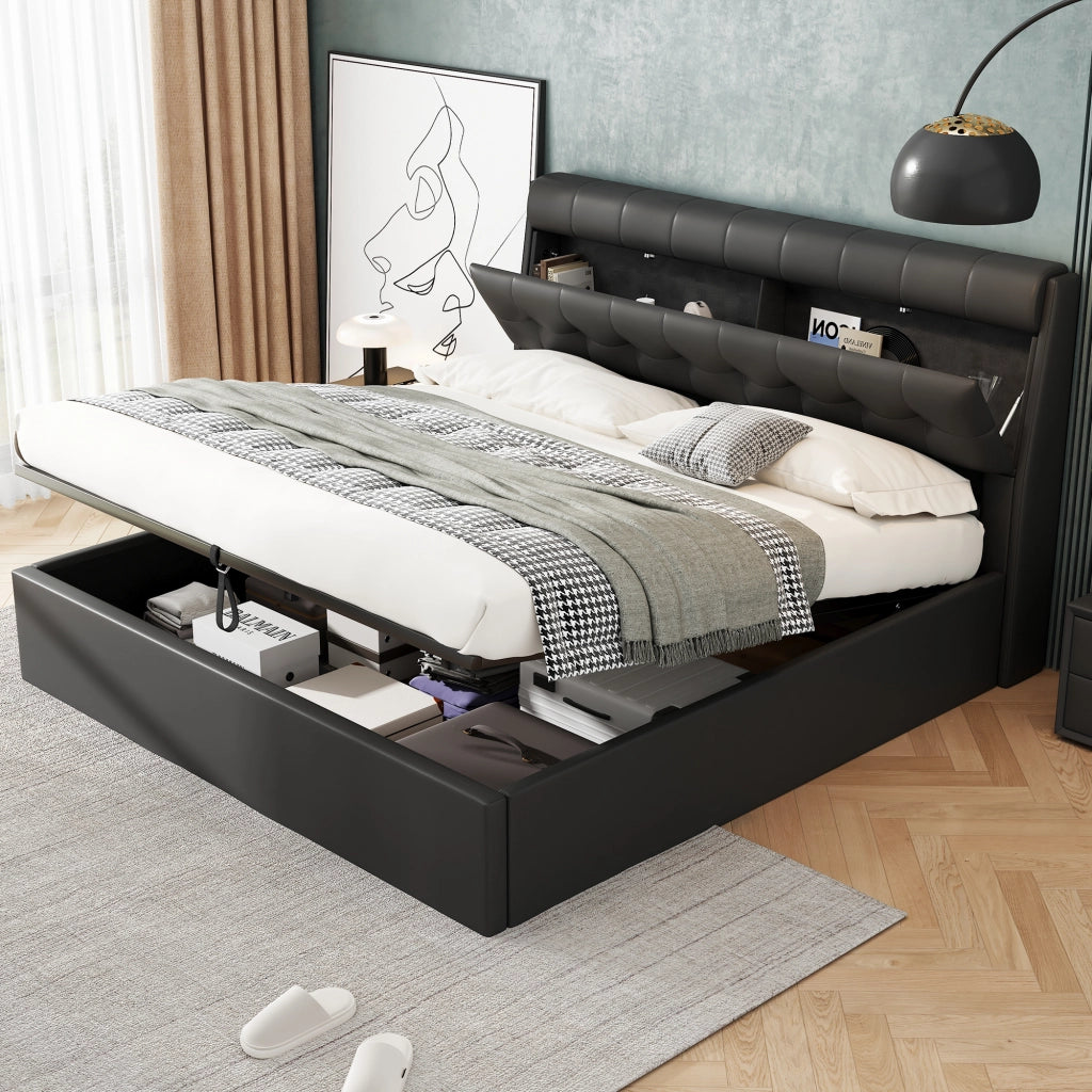 Letto imbottito elegante - Zephmum - 180x200 - Nero - Idraulico, ripiano testata nascosto, cassone