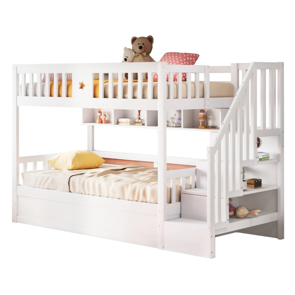 Letto a soppalco 90x200 cm con vano idraulico, scala contenitore e ripiani