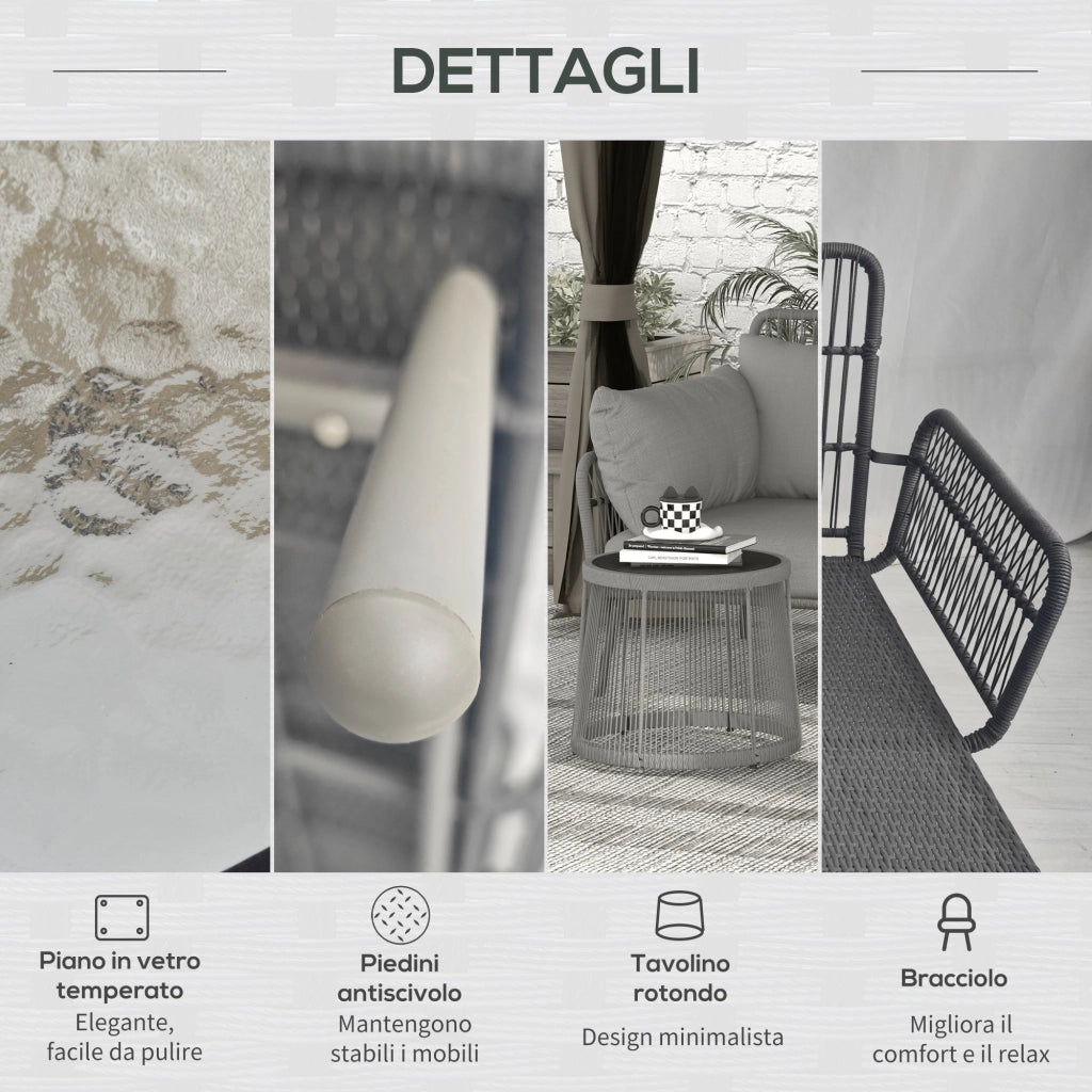 Set da Giardino 3 Pezzi in Stile Boho Divano 2 Posti Chaise Longue e Tavolino in Rattan PE Grigio Chiaro