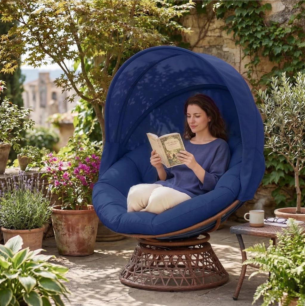 Poltrona da papasan, comoda poltrona girevole con cuscino rotondo, comoda poltrona in rattan, girevole, in vimini, per soggiorno, angolo lettura, lounge – blu