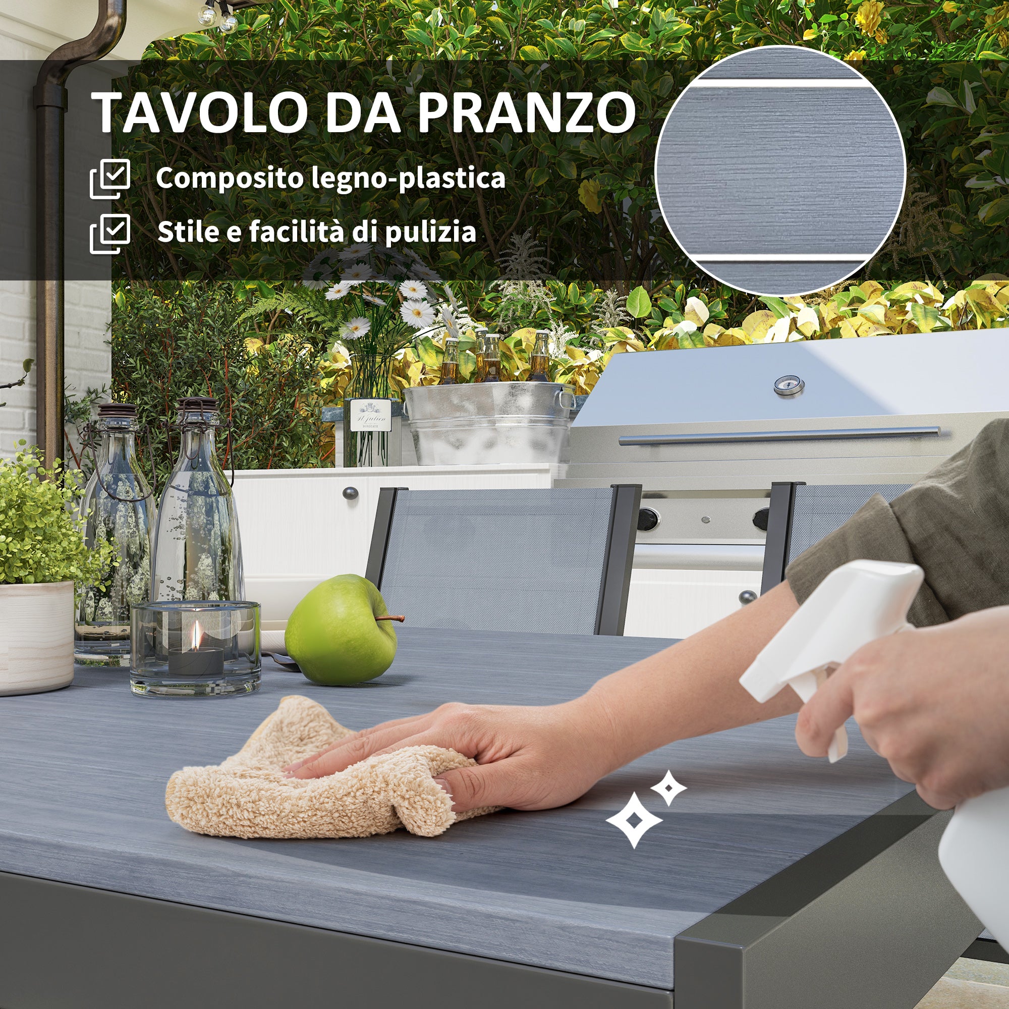 Set da Giardino con 6 Sedie Impilabili e Tavolo da Pranzo Rettangolare Grigio Chiaro