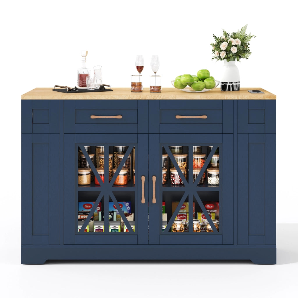 Carrello isola cucina con piano estensibile, prese AC e USB, ante in vetro, ruote con freno, 120x40(65)x92 cm
