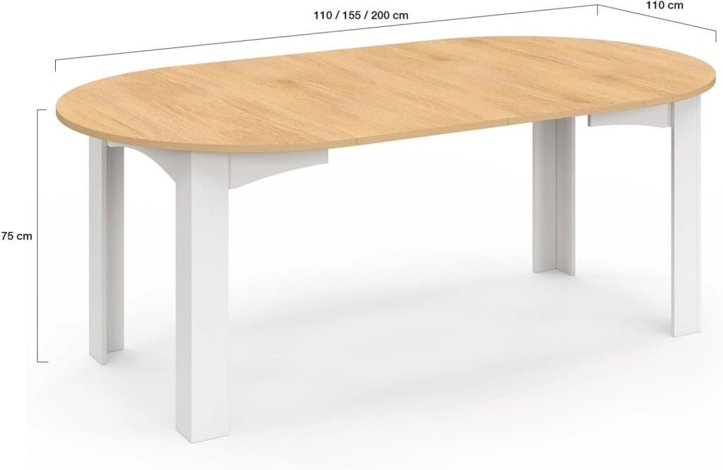 DONA tavolo da pranzo rotondo allungabile 4-10 persone piano finitura faggio bianco 110-200 cm