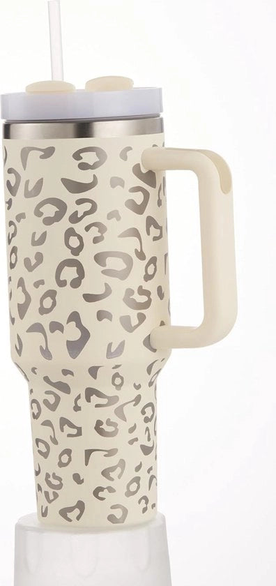 Tazza con coperchio e manico di legno, 1,2 litri tazza da caffè viaggiatore in acciaio inossidabile a vuoto isolata a vuoto tazza da caffè per viaggiatori per bevande calde (disegno di leopardo)