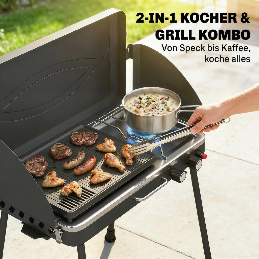Grill a gas portatile 2 bruciatori ¨C zephmum ¨C 2-in-1 tavolo con coperchio e vento