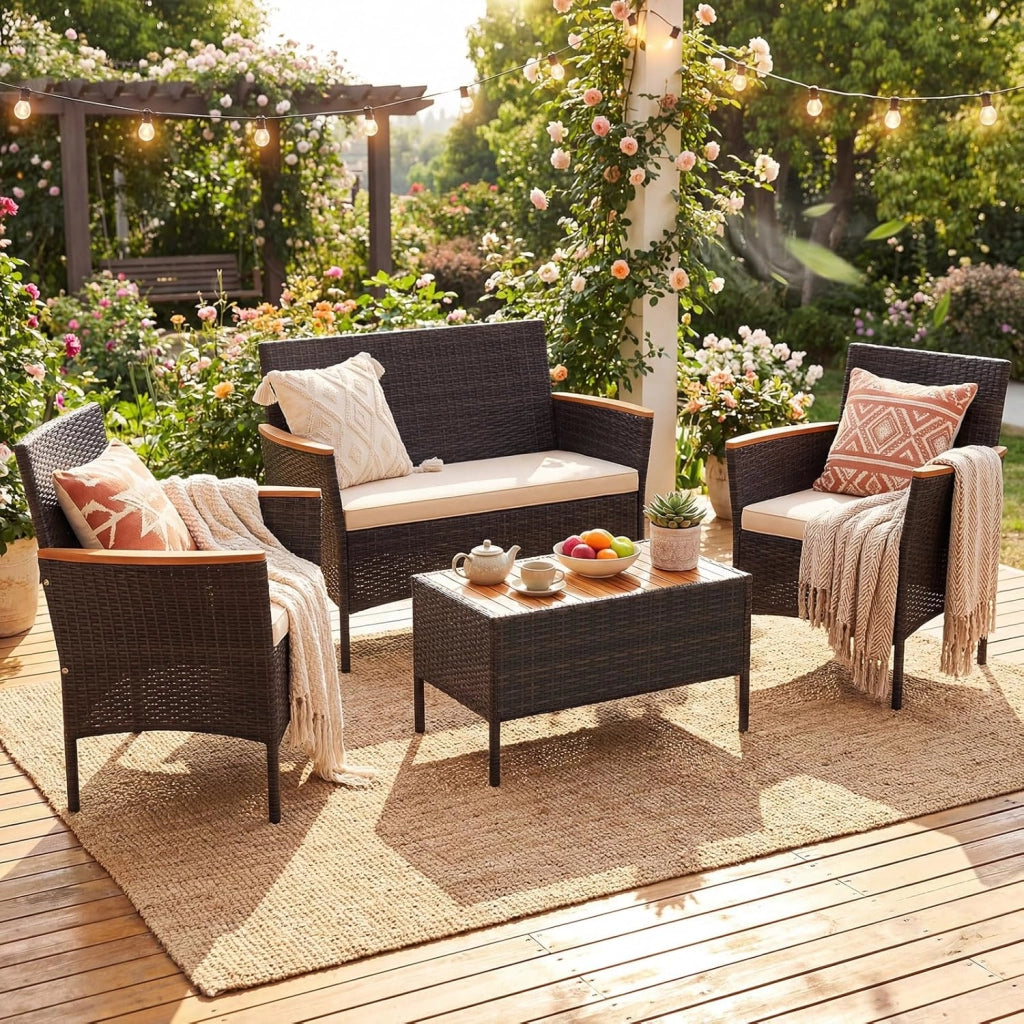 Salotto da Giardino Esterno 4 Pezzi, Set Giardino Esterno in Rattan con 1 Tavolino, 2 Poltrone e 1 Divano 2 Posti, Set Mobili da Patio con Cuscini Morbidi per Patio, Balcone e Piscina