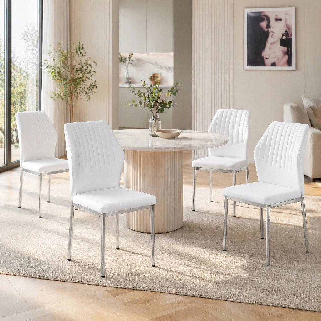 Sedie da pranzo set da 4 con schienale a strisce e imbottitura in schiuma gambe in metallo PU bianco argento