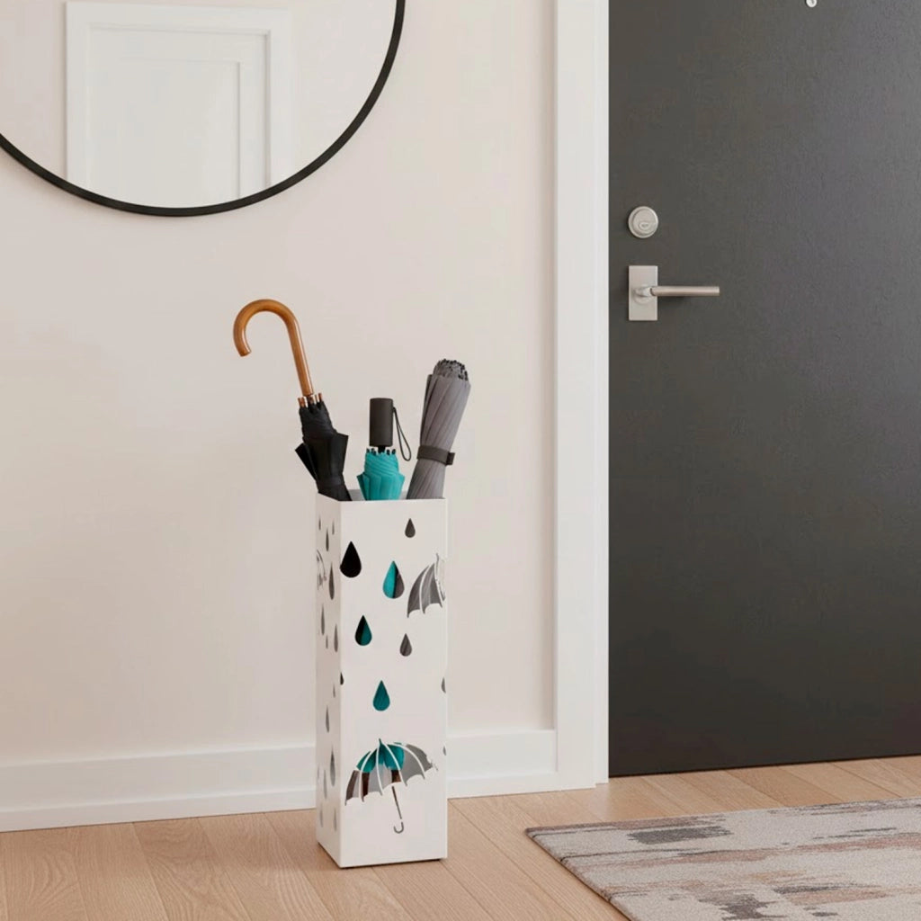 Portaombrelli In Acciaio Zincato Design Moderno Con Vaschetta Scolapioggia Base Antiscivolo E 2 Ganci Removibili Per Casa E Ufficio 49 X 15.5 X 15.5 Cm Bianco
