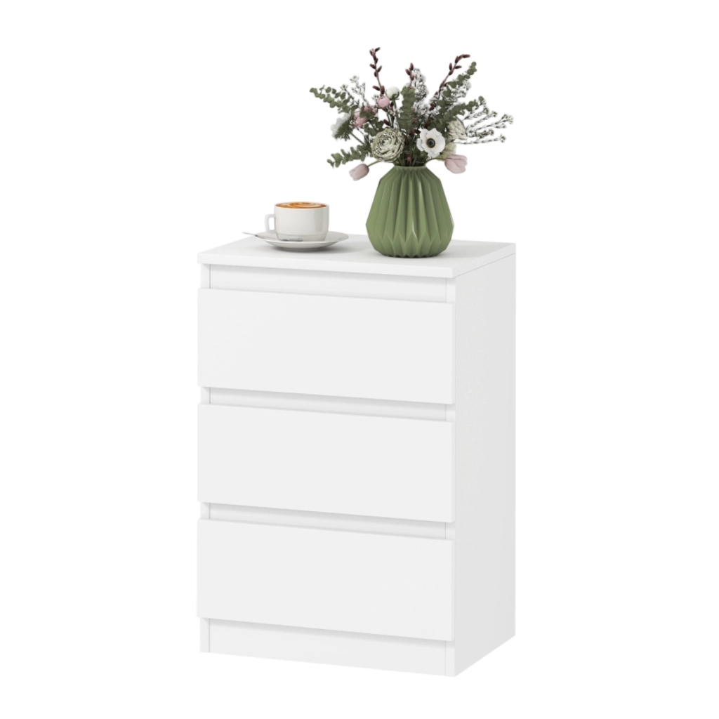 Set di 2 comodini 40x30x59.5 cm con 3 cassetti; in MDF bianco