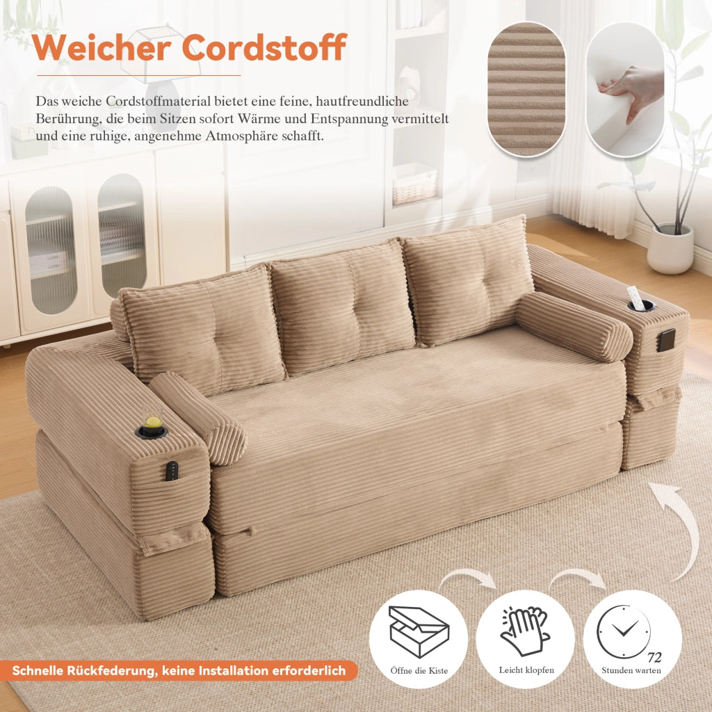 Divano convertibile modulare con cuscini in memory foam, tasche laterali e portabicchieri, in tessuto a coste khaki