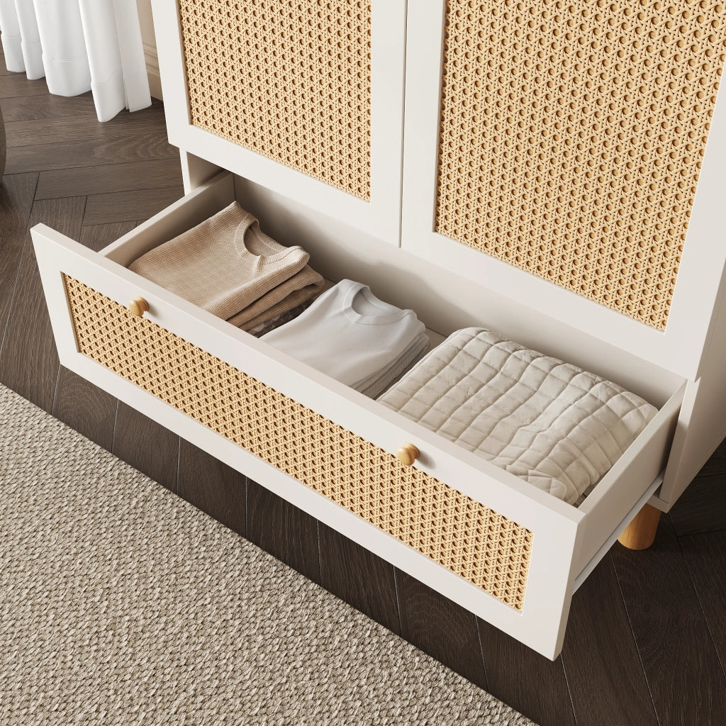 ARMADIO 180.5x85.5x52 cm Bianco con rattan, 2 porte e cassetto