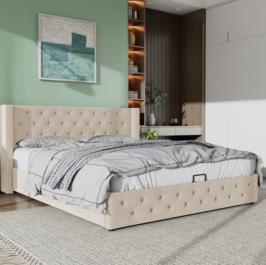 Letto matrimoniale imbottito stile Chesterfield 140x200 cm in velluto beige con contenitore